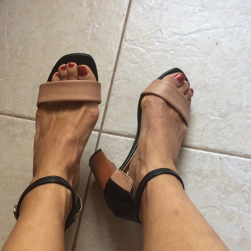 strap sandals chunky 3.25” heels nude brown black